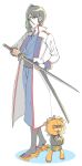  1boy 1girl bleach bleach:_epilogue blue_kimono cosplay full_body geta gintama glasses hair_between_eyes haori highres holding holding_sheath holding_sword holding_weapon itou_kamotarou itou_kamotarou_(cosplay) japanese_clothes kimono kon_(bleach) kuchiki_rukia official_alternate_hairstyle purple_eyes sandals shaolong sheath shinsengumi_(gintama) side_ponytail stuffed_animal stuffed_lion stuffed_toy sword voice_actor_connection weapon yagyuu_kyuubei yagyuu_kyuubei_(cosplay) 