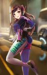  anemone bad_anatomy bodysuit brown_hair d.va_(overwatch) facial_mark female gun headphones holding_weapon long_hair looking_at_viewer open_mouth overwatch pink_eyes smile solo weapon 