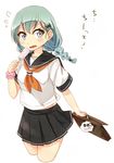  alternate_costume alternate_hairstyle aqua_hair bag blue_eyes braid eating hair_ornament hairclip kantai_collection miss_cloud open_mouth school_bag school_uniform serafuku skirt suzuya_(kantai_collection) sweatdrop twin_braids twintails umino_mokuzu_(shizumisou) 