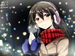  2015 alternate_costume black_hair blurry blush brown_coat brown_eyes coat commentary_request dated depth_of_field earmuffs gin'ichi_(akacia) hands_together haruna_(kantai_collection) heavy_breathing holding_hands kantai_collection long_hair looking_at_viewer mittens nose_blush out_of_frame pov pov_hands red_scarf scarf signature smile solo_focus twitter_username upper_body 