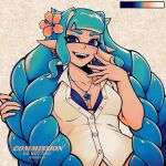  1girl artist_name blue_eyes blue_hair blush breasts collarbone collared_shirt commission fangs flower hair_flower hair_ornament highres hojinxs inkling_girl inkling_player_character jewelry limited_palette long_hair looking_at_viewer necklace shirt short_sleeves small_breasts smile solo splatoon_(series) star_(symbol) star_necklace teeth tentacle_hair upper_body upper_teeth_only white_shirt 
