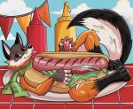 anthro black_body black_ears black_fur black_nose bread brown_eyes canid canine cloud eyewear food fox fruit fur gesture glasses green_scarf grey_body grey_fur hot_dog island_fox ketchup_bottle lettuce looking_at_viewer luy_(alchesmity) lying male mammal mustard mustard_bottle nuro_01 on_side onion orange_body orange_fur pawpads pink_pawpads pink_tongue plant plate raised_tail scarf sky solo tail tomato tongue tongue_out two_tone_tail urocyon vegetable waving waving_at_viewer white_body white_fingers white_fur white_inner_ear
