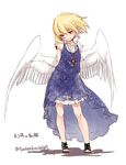  alternate_costume angel_wings arms_behind_back blonde_hair blue_dress character_name contemporary dress full_body gengetsu highres jewelry necklace sandals short_hair short_sleeves simple_background smile solo touhou touhou_(pc-98) toutenkou twitter_username white_background wings 