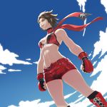  black_hair boots boxing_gloves cloud day from_below highres hinomoto_reiko loped midriff red_eyes rumble_roses scarf short_hair shorts sky smile solo 