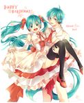  1girl 2015 bad_id bad_pixiv_id carrying character_name corset detached_sleeves dress dual_persona floral_background formal frilled_dress frills genderswap genderswap_(ftm) green_eyes green_hair green_nails hair_ribbon happy_birthday hatsune_miku hatsune_mikuo headset iku_(yu851024) long_hair nail_polish open_mouth princess_carry ribbon round_teeth skirt_hold smile teeth thighhighs twintails very_long_hair vocaloid 