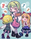  ! 3girls apron black_shoes black_skirt black_vest blonde_hair blue_background blue_skirt bow bowtie brown_horns clipboard collared_shirt commentary_request cookie_(touhou) cross detached_sleeves facepaint full_body green_hair hair_bow hair_tubes heart highres holding holding_clipboard horns ibuki_suika kochiya_sanae loafers long_hair looking_at_another melanin_shikiso multiple_girls musical_note nadeko_(cookie) notice_lines open_mouth orange_eyes orange_hair paseri_(cookie) pink_apron purple_skirt red_bow red_bowtie ribbon-trimmed_skirt ribbon_trim rumia shirt shoes single_hair_tube skirt skirt_set sleeveless sleeveless_shirt smile standing touhou vest white_shirt white_sleeves yamin_(cookie) 