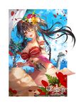  barefoot braid breasts brown_hair female flower hair_flower hair_ornament jewelry large_breasts long_hair looking_at_viewer open_mouth original red_eyes ring smile solo sukja teeth tongue water wink 