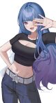  1girl arm_up belt blue_eyes blue_hair blue_nails blunt_bangs cleavage_cutout clothing_cutout commentary cowboy_shot crop_top gradient_hair grey_belt hair_between_eyes hand_on_own_hip long_hair looking_at_viewer multicolored_hair one_eye_closed open_mouth original short_sleeves simple_background smile solo tongue udonhorok very_long_hair white_background 