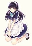  apron bad_id bad_pixiv_id commentary_request dress grey_eyes kashiwagi_chisame long_hair low_twintails maid maid_apron maid_headdress original puffy_short_sleeves puffy_sleeves purple_dress purple_hair short_sleeves sitting solo twintails v_arms wariza wrist_cuffs 