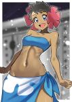  1girl absurdres bandeau blue_bandeau blue_eyes blue_sarong blurry blurry_background blush border brown_hair commentary_request dark-skinned_female dark_skin eyelashes flower hair_flower hair_ornament highres midriff navel open_mouth phoebe_(pokemon) pokemon pokemon_oras sarong short_hair smile solo teeth upper_teeth_only very_short_hair white_border yasu_suupatenin 