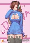  :3 alternate_breast_size animal_band_legwear animal_print arm_at_side arm_up artist_name ass_visible_through_thighs blush breasts brown_hair bunny_band_legwear bunny_print character_name cleavage cleavage_cutout d.va_(overwatch) facepaint facial_mark flying_sweatdrops grey_legwear headgear large_breasts long_hair long_sleeves meme_attire no_bra open-chest_sweater overwatch panties panties_under_pantyhose pantyhose pantyshot pantyshot_(standing) pink_background red_eyes ribbed_sweater simple_background sleeves_past_wrists solo songjikyo speech_bubble spoken_blush standing sweater thigh_gap thighhighs underwear watermark web_address whisker_markings white_panties 