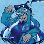  +_+ 1girl arm_up blue_eyes blue_hair breasts commission dark-skinned_female dark_skin fangs highres hojinxs inkling_girl inkling_player_character large_breasts limited_palette long_hair long_sleeves looking_at_viewer open_mouth smile solo splatoon_(series) teeth tentacle_hair upper_teeth_only 