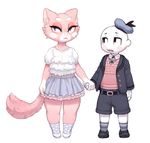  anthro blue_eyes blush cat clothed clothing crookedtrees danger_dolan duo feline female fur hand_holding larger_female looking_at_viewer male mammal open_mouth pearl_necklace pink_fur shima_luan simple_background size_difference skirt smaller_male super_planet_dolan white_background 