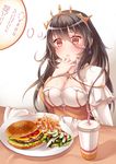  absurdres blush breasts brown_eyes brown_hair cheese cleavage cucumber cup disposable_cup dotted_line drinking_straw earrings food fork french_fries hair_between_eyes hamburger hand_on_own_chest highres jewelry ketchup knife large_breasts lettuce long_hair long_sleeves open_mouth outline plate queen_elizabeth_(zhan_jian_shao_nyu) salad sesame_seeds solo spoon table thought_bubble tomato white_background zhan_jian_shao_nyu zhou_yu_(ppaaqz1995) 
