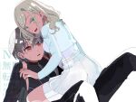  2girls :d averting_eyes bike_shorts bike_shorts_under_skirt black_pants black_shirt blue_eyes blue_jacket breasts ceras_yanagida_lilienfeld ceras_yanagida_lilienfeld_(summer_training_wear) detached_sleeves edel_note grey_hair hair_ribbon jacket katsuragi_izumi katsuragi_izumi_(summer_training_wear) large_breasts link!_like!_love_live! long_hair long_sleeves love_live! matsui_ibuki miniskirt multiple_girls nervous_smile official_alternate_costume open_clothes open_jacket orange_eyes pants parted_lips pink_ribbon pleated_skirt purple_shirt purple_shorts ribbon shirt shorts shorts_under_skirt simple_background sitting sitting_on_person skirt slit_pupils smile sweatdrop twitter_username virtual_youtuber watermark wavy_hair white_background white_skirt 