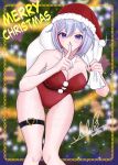  1girl bare_shoulders blue_eyes breasts cleavage dated dress finger_to_mouth grey_hair hat heart highres honkai:_star_rail honkai_(series) large_breasts lilipon looking_at_viewer merry_christmas pantyhose red_hair santa_costume santa_dress santa_hat short_hair signature solo thigh_strap topaz_(honkai:_star_rail) watermark 