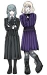  2girls bang_dream! bang_dream!_it's_mygo!!!!! blonde_hair blue_hair blush_stickers cosplay crossed_arms enid_sinclair enid_sinclair_(cosplay) frown full_body highres long_hair medium_hair milfcookiesimp misumi_uika multiple_girls nevermore_academy_school_uniform purple_eyes school_uniform simple_background skirt smile the_addams_family togawa_sakiko wednesday_(netflix) wednesday_addams wednesday_addams_(cosplay) white_background yellow_eyes 