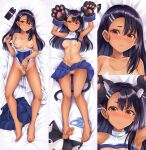  1girl animal_ear_fluff animal_ears animal_hands armpits arms_up barefoot black_hair black_tail blue_panties blue_skirt blur_censor blush breasts brown_eyes cat_ears cat_mask cat_tail cellphone censored cheerleader closed_mouth clothes_lift clothes_pull clothing_aside commentary_request competition_swimsuit cuddly_octopus dakimakura_(medium) fake_animal_ears fake_tail full_body gloves hair_ornament hairclip ijiranaide_nagatoro-san long_hair looking_at_viewer lying mask multiple_views nagatoro_hayase navel nipples on_back one-piece_swimsuit one-piece_swimsuit_pull one-piece_tan panties parallel_hairclips paw_gloves phone pleated_skirt pussy shirt shirt_lift skirt skirt_lift sleeveless small_breasts smartphone suzu_miya swimsuit swimsuit_aside tail tan tanlines underwear unworn_mask unworn_panties unworn_skirt white_shirt 