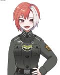  belt belt_buckle buckle buttons cross grey_eyes hand_on_own_hip highres iron_cross jewelry koalakanru long_sleeves military_police military_uniform multicolored_hair necklace open_mouth original red_hair reichsadler short_hair swastika tongue wehrmacht world_war_ii 