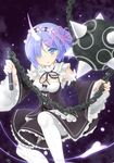  absurdres apron bangs black_dress blue_eyes blue_hair chain detached_sleeves dress flail hair_over_one_eye hair_ribbon head_wreath highres horn juliet_sleeves long_sleeves looking_at_viewer maid morning_star oni_horns ootsuki_momiji pantyhose puffy_sleeves re:zero_kara_hajimeru_isekai_seikatsu rem_(re:zero) ribbon short_hair solo spoilers waist_apron weapon white_legwear wide_sleeves 