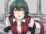  armband bangs bed bedroom blush breasts cleavage collared_shirt green_hair hair_between_eyes hanging_breasts highres kazami_yuuka large_breasts lips long_sleeves looking_at_viewer nicutoka open_clothes open_collar open_mouth open_shirt open_vest plaid plaid_skirt plaid_vest pov red_eyes shirt short_hair sketch skirt skirt_set smile solo touhou untucked_shirt vest white_shirt 