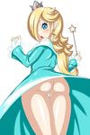  artist_request ass blonde_hair blue_eyes blush censored crown dress earrings female from_behind hair_over_one_eye looking_at_viewer looking_back open_mouth parted_lips pussy rosetta_(mario) solo super_mario_galaxy super_mario_world upskirt wand white_background 