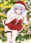  1girl bare_shoulders blue_eyes breasts cleavage dated dress finger_to_mouth fishnet_pantyhose fishnets grey_hair hat heart highres honkai:_star_rail honkai_(series) large_breasts lilipon looking_at_viewer merry_christmas pantyhose red_hair santa_costume santa_dress santa_hat short_hair signature solo thigh_strap topaz_(honkai:_star_rail) watermark 