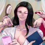  1girl applying_makeup black_hair book breasts brown_eyes cleavage closed_mouth collared_shirt commentary_request cup extra_arms eyelashes hair_slicked_back holding holding_book holding_brush holding_cup jewelry long_hair nico_robin one_eye_closed one_piece shirt smile solo upper_body white_shirt ysnfjkw 