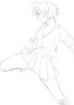  clenched_hand greyscale highres kicking leg_up midriff monochrome navel niwatazumi open_clothes open_mouth open_shirt original outstretched_arms pleated_skirt shirt short_hair sketch skirt solo spread_arms unbuttoned untucked_shirt white_background 