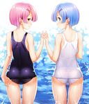  adjusting_clothes adjusting_swimsuit ass back blue_eyes blue_hair blue_swimsuit blush bob_cut cowboy_shot from_behind hair_ornament hairclip heart highres holding_hands interlocked_fingers legs_apart lens_flare looking_at_viewer looking_back motion_blur multiple_girls old_school_swimsuit one-piece_swimsuit pink_eyes pink_hair pointy_ears profile ram_(re:zero) re:zero_kara_hajimeru_isekai_seikatsu rem_(re:zero) ring_(1079882045) school_swimsuit see-through shiny shiny_clothes short_hair siblings sisters skin_tight swimsuit symmetrical_pose twins water wet wet_clothes wet_swimsuit white_school_swimsuit white_swimsuit x_hair_ornament 