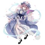  1girl black_shoes blue_sash bobby_socks bug butterfly frilled_hat frilled_kimono frilled_sleeves frilled_socks frills hair_between_eyes hand_fan hasunokaeru hat highres holding holding_fan japanese_clothes kimono long_sleeves looking_at_viewer mary_janes mob_cap obi parted_lips purple_butterfly purple_hat purple_kimono saigyouji_yuyuko sash shoes short_hair simple_background socks solo touhou triangular_headpiece wavy_hair white_background wide_sleeves 