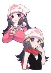  2girls absurdres beanie black_hair black_shirt blue_hair blush closed_mouth coat cropped_torso dawn_(pokemon) floating_scarf grey_eyes hair_ornament hairclip hat highres long_hair long_sleeves looking_at_viewer multiple_girls open_mouth pink_coat poke_ball_print pokemon pokemon_dppt pokemon_platinum red_coat red_scarf scarf shirt shocho_(shaojiujiu) simple_background sleeveless smile white_hat white_scarf white_shirt 