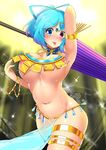  alternate_breast_size alternate_costume alternate_hairstyle areola_slip areolae arm_up armlet armpits belly blue_eyes blue_hair blush bouncing_breasts bracelet breasts cleavage closed_umbrella commentary cowboy_shot dancer dancing detached_collar forehead_jewel gradient_hair hatchet heterochromia highres hitotsuki_nebura jewelry large_breasts looking_at_viewer multicolored_hair navel no_bra nose_blush oriental_umbrella pelvic_curtain ponytail purple_hair red_eyes revealing_clothes sarong see-through short_hair solo sparkle sweat tatara_kogasa thighlet tongue tongue_out touhou two-tone_hair umbrella underboob 