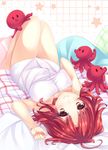  ajiriko arm_up banned_artist blanket bottomless breasts looking_at_viewer lying medium_breasts naked_towel octopus on_back original pillow red_eyes red_hair smile solo star towel upside-down 