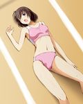  blue_eyes brown_hair buruma exhausted highres kinfuji lying on_back one_eye_closed open_mouth solo sports_bra yasumi-chan yasumi_(yasumi-chan) 