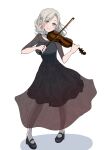  1girl black_dress black_shoes blush bow_(music) breasts ceras_yanagida_lilienfeld cleavage commentary_request dress full_body grey_hair grin hair_ribbon highres holding holding_bow_(music) holding_instrument holding_violin instrument large_breasts link!_like!_love_live! long_hair looking_at_viewer love_live! mary_janes medium_dress pantyhose parted_bangs pink_ribbon ribbon see-through_cleavage see-through_clothes see-through_skirt_layer shadow shoes short_sleeves simple_background smile solo violin virtual_youtuber wavy_hair white_background white_pantyhose yunite68 