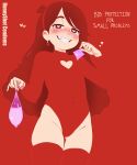  1girl ass_visible_through_thighs blending blush cleavage_cutout clothing_cutout condom condom_wrapper earrings english_text fake_ad flat_chest gravity_falls groin heart heart-shaped_pupils highres holding holding_condom honeyshot jewelry leotard long_hair looking_at_viewer mabel_pines naughty_face open_mouth red_background red_eyes red_leotard red_theme red_thighhighs simple_background smile solo symbol-shaped_pupils teeth thighhighs used_condom 