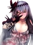 bare_shoulders black_gloves breasts cleavage collarbone commentary_request dark_jeanne dress gloves granblue_fantasy hair_ornament highres jeanne_d'arc_(granblue_fantasy) kojima_(blue_stardust) lace lace-trimmed_gloves large_breasts long_hair looking_at_viewer red_eyes silver_hair smile solo upper_body white_dress 
