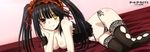  absurdres black_hair blush breasts cleavage clock_eyes copyright_name date_a_live english heterochromia highres lace lace-trimmed_panties lace-trimmed_thighhighs large_breasts lingerie long_hair no_bra panties shiny shiny_skin smile solo symbol-shaped_pupils thighhighs tokisaki_kurumi twintails underwear 