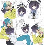  2girls :d :o belt belt_buckle black_dress black_hair black_pants blonde_hair blue_eyes blue_nails blue_pants bob_cut buckle canari_(pokemon) character_doll closed_mouth coat commentary_request crop_top doll dress gloves gradient_hair grid_background gwynn_(pokemon) hat heart highres holding holding_doll hug jacket kiss kissing_object long_sleeves looking_at_another multicolored_hair multicolored_nails multiple_girls o-ring o-ring_belt open_mouth pants partially_fingerless_gloves pokemon pokemon_legends:_z-a purple_eyes purple_hair sakizome1001 short_hair smile speech_bubble translation_request twintails two-tone_nails two-tone_pants white_coat yellow_jacket yellow_nails yuri 