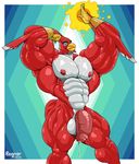 abs abstract_background anthro avian balls beak biceps big_balls big_muscles big_penis bird chain feathers flaccid flexing glowing magic muscular nipples penis pose red_feathers regnar solo 