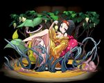  bellsprout black_hair cleavage cosmo_(pixiv12140406) erika_(pokemon) gym_leader japanese_clothes kimono pokemon short_hair victreebel vines 