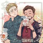  2boys avengers_(series) bishie_sparkle black-framed_eyewear black_jacket blonde_hair blue_eyes blue_shirt border breast_pocket bright_pupils brown_hair buttons closed_mouth collarbone collared_shirt commission cup english_commentary facial_hair fingernails green_background hand_on_another's_shoulder hands_up highres holding holding_cup jacket long_sleeves looking_at_another male_focus marvel multiple_boys open_clothes open_jacket orange-tinted_eyewear outside_border plaid_background pocket red_shirt shajiang144584 shirt short_hair sleeves_rolled_up smile star_(symbol) steam steve_rogers sunglasses t-shirt teeth tinted_eyewear tony_stark unworn_eyewear upper_body watch white_border white_pupils wristwatch 