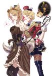  2girls absurdres animal_ears artist_request belt biting_own_lip black_bow black_bowtie black_shorts black_thighhighs blonde_hair blue_bow blue_bowtie boots bow bowtie brown_dress brown_eyes brown_gloves chibi collared_shirt commission corset dress epaulettes eyepatch fishnet_pantyhose fishnets flower frilled_dress frills game_screenshot_inset gloves goggles goggles_on_head green_eyes hat highres holding holding_whip identity_v jacket long_sleeves looking_at_viewer margaretha_zelle margaretha_zelle_(animal_tamer) mini_hat mole mole_under_eye multiple_girls pantyhose parted_lips puffy_short_sleeves puffy_sleeves red_jacket reference_inset second-party_source shirt short_hair short_sleeves shorts simple_background skunk_girl skunk_tail smile speech_bubble standing sweatdrop tail thigh_boots thighhighs top_hat vera_nair vera_nair_(distiller) weapon white_background white_gloves white_shirt yellow_eyes yuri 