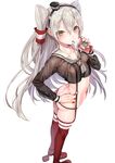  amatsukaze_(kantai_collection) ass bangs black_panties blonde_hair breasts commentary_request contrapposto crop_top cup drinking drinking_straw from_above garter_straps hair_between_eyes hair_tubes hand_on_hip headgear kantai_collection lifebuoy long_hair looking_at_viewer looking_back nail_polish navel neckerchief nekometaru nipples no_pants panties red_footwear red_legwear red_nails see-through shoes sidelocks small_breasts solo standing starbucks thighhighs translucent two_side_up underwear white_background yellow_eyes 