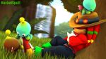 3d_(artwork) absurd_res against_natural_surface against_surface against_tree anthro chao_(sonic) clothed clothing cowboy_hat crossed_arms digital_media_(artwork) echidna forest group hat headgear headwear hi_res knuckles_the_echidna male mammal monotreme muscular muscular_male on_model plant rocketspuff sega sleeping sonic_the_hedgehog_(series) topless topless_male tree waterfall