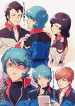  1girl 3boys absurdres aged_up amuro_ray black_hair blue_eyes blue_hair breasts bright_noa brown_hair char's_counterattack closed_eyes closed_mouth commentary_request earth_federation_space_forces fa_yuiry gundam highres holding jacket kamille_bidan long_sleeves looking_at_viewer military military_jacket military_uniform multiple_boys open_mouth science_fiction shirt short_hair smile tears translation_request yuma_(zero) zeta_gundam 