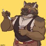 2025 5_fingers anthro artist_name belt black_clothing black_shirt black_tank_top black_topwear bottomwear brown_body brown_bottomwear brown_clothing brown_fur brown_hair brown_pants bruno_(nanoff) canid canine canis chocolate_pudding clothing colored dated dessert digital_media_(artwork) domestic_dog english_description fingers food fur german_shepherd german_text gold_(metal) gold_jewelry gold_necklace hair half-length_portrait herding_dog hi_res holding_fork humor jewelry licking licking_lips looking_down male mammal manly muscular muscular_anthro muscular_male nanoff necklace nipples pants pastoral_dog pointy_ears portrait pudding pudding_cup pudding_mit_gabel_(meme) shirt simple_background solo tail tank_top text tongue tongue_out topwear white_body white_fur yellow_background yellow_eyes