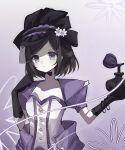  1girl artist_request black_gloves black_hairband bottle brown_hair commission corset flower gloves hairband hat hat_flower highres identity_v looking_at_viewer perfume_bottle puffy_sleeves purple_corset purple_eyes purple_sleeves purple_theme second-party_source see-through_clothes see-through_veil solo upper_body veil vera_nair white_flower 