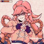  1girl artist_name black_gloves blush commission fingerless_gloves four-finger_heart_hands glasses gloves heart heart_hands highres hojinxs inkling_girl inkling_player_character limited_palette long_hair long_sleeves looking_at_viewer over-rim_eyewear parted_lips pointy_ears red_eyes red_hair semi-rimless_eyewear smile solo splatoon_(series) tentacle_hair 